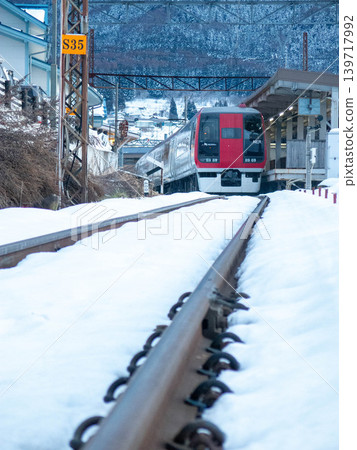 Nagano Electric Railway Snow Monkey train and Yudanaka Station platform 139717992