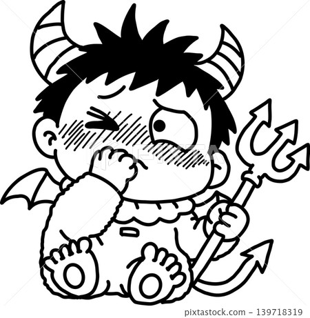 A cute little devil character blushing in embarrassment. Shy baby devil. Trying to hide embarrassment. Vector. A cute little devil character blushing in embarrassment. Shy baby devil. Trying to hide embarrassment. Vector. 139718319
