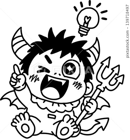 一個可愛的小惡魔角色,他有一個絕妙的主意。來自小惡魔的靈感和提示。解決方案向量圖。 一個可愛的小惡魔角色,他有一個絕妙的主意。來自小惡魔的靈感和提示。解決方案向量圖。 139718497