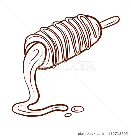 Corn dog with melted cheese. Vector illustration in clean hand drawn line art style. Fast food snack on stick for street food menus, takeaway packaging, cafe posters and ads Corn dog with melted cheese. Vector illustration in clean hand drawn line art style. Fast food snack on stick for street food menus, takeaway packaging, cafe posters and ads 139718795