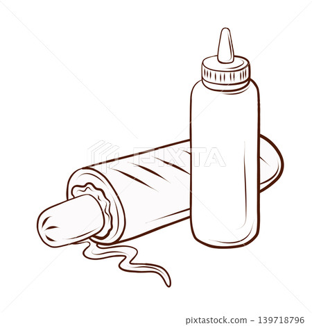 French hot dog with sauce in a squeeze bottle. Vector illustration in clean hand drawn line art style. Fast food snack set for street food menus, takeaway packaging, cafe posters and flyers. French hot dog with sauce in a squeeze bottle. Vector illustration in clean hand drawn line art style. Fast food snack set for street food menus, takeaway packaging, cafe posters and flyers. 139718796