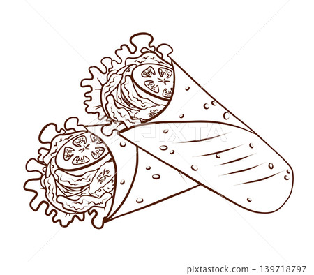 Two wraps filled with meat, vegetables and sauce. Vector illustration in clean hand drawn line art style. Street food roll element for shawarma menus, takeaway packaging, cafe posters and flyers. Two wraps filled with meat, vegetables and sauce. Vector illustration in clean hand drawn line art style. Street food roll element for shawarma menus, takeaway packaging, cafe posters and flyers. 139718797