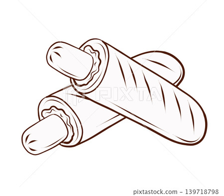French hot dogs with sausages in baguette buns. Vector illustration in clean hand drawn line art style. Fast food snack element for street food menus, takeaway packaging, cafe posters and flyers. French hot dogs with sausages in baguette buns. Vector illustration in clean hand drawn line art style. Fast food snack element for street food menus, takeaway packaging, cafe posters and flyers. 139718798