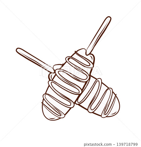 Two corn dogs on sticks. Vector illustration in clean hand drawn line art style. Street food snack element for fast food menus, takeaway packaging, cafe posters, flyers and branding design. Two corn dogs on sticks. Vector illustration in clean hand drawn line art style. Street food snack element for fast food menus, takeaway packaging, cafe posters, flyers and branding design. 139718799