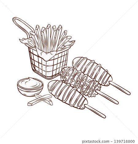 Corn dogs, french fries, and sauce. Hand-drawn line art vector illustration. A set of snacks for street food menus, takeout packaging, cafe posters, flyers, and branding. Corn dogs, french fries, and sauce. Hand-drawn line art vector illustration. A set of snacks for street food menus, takeout packaging, cafe posters, flyers, and branding. 139718800