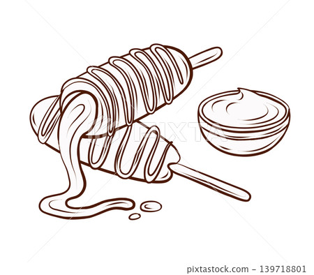 Corn dogs with melted cheese and dipping sauce. Vector illustration in clean hand-drawn line art style. Street food snack set for fast food menus, diner posters, takeaway packaging, labels and flyers. Corn dogs with melted cheese and dipping sauce. Vector illustration in clean hand-drawn line art style. Street food snack set for fast food menus, diner posters, takeaway packaging, labels and flyers. 139718801