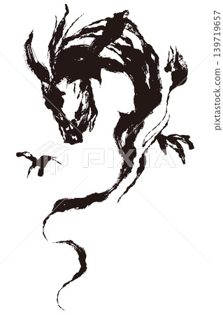 Japanese-style vector illustration of a dragon in ink painting style: Black dragon silhouette art Japanese-style vector illustration of a dragon in ink painting style: Black dragon silhouette art 139719657