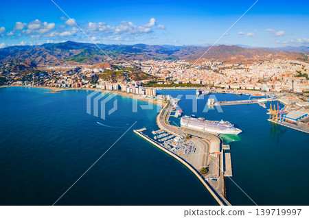 Malaga city port aerial panoramic view in Andalusia Malaga city port aerial panoramic view in Andalusia 139719997