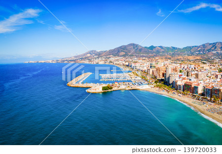 Fuengirola city beach and port aerial panoramic view 139720033