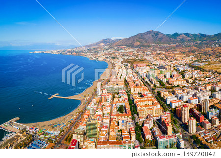 Fuengirola city beach and port aerial panoramic view Fuengirola city beach and port aerial panoramic view 139720042