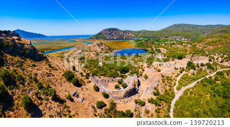 Kaunos ancient city aerial panoramic view near Dalyan, Turkey Kaunos ancient city aerial panoramic view near Dalyan, Turkey 139720213