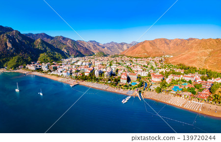 Icmeler town beach aerial panoramic view in Turkey Icmeler town beach aerial panoramic view in Turkey 139720244