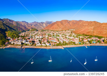 Icmeler town beach aerial panoramic view in Turkey 139720245