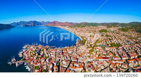 Marmaris beach aerial panoramic view in Mugla Province in Turkey Marmaris beach aerial panoramic view in Mugla Province in Turkey 139720260