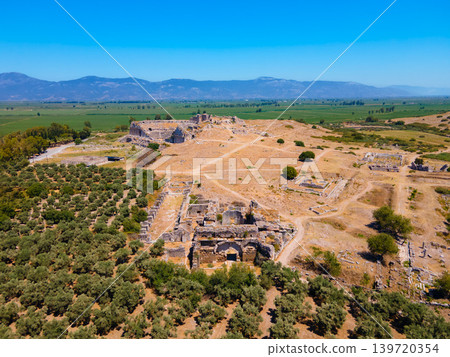 Miletus Archaeological Site aerial panoramic view near Didim city in Turkey Miletus Archaeological Site aerial panoramic view near Didim city in Turkey 139720354