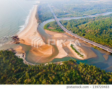 Galgibaga Beach aerial panoramic view in Goa, India Galgibaga Beach aerial panoramic view in Goa, India 139720483
