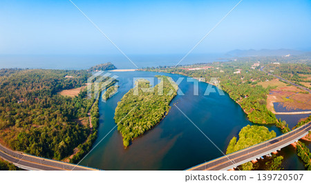 Galgibaga Beach aerial panoramic view in Goa, India Galgibaga Beach aerial panoramic view in Goa, India 139720507