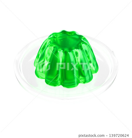 Green jelly on a transparent plate, viewed from a diagonal angle above, transparent background, 3D rendering. Green jelly on a transparent plate, viewed from a diagonal angle above, transparent background, 3D rendering. 139720624