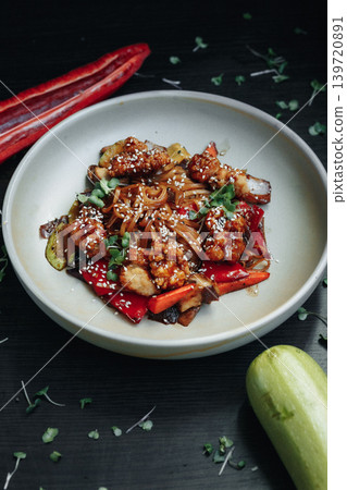 Glossy stir-fry in a white bowl, accented by red peppers, zucchini, and herbs Glossy stir-fry in a white bowl, accented by red peppers, zucchini, and herbs 139720891