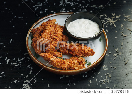 Golden-brown chicken tenders with creamy sauce Golden-brown chicken tenders with creamy sauce 139720916