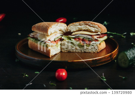 Delicious sandwich with fresh fillings on rustic wooden plate 139720980