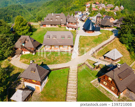 Aerial view of Kustendorf ethno village or Drvengrad in Mokra Gora Aerial view of Kustendorf ethno village or Drvengrad in Mokra Gora 139721008