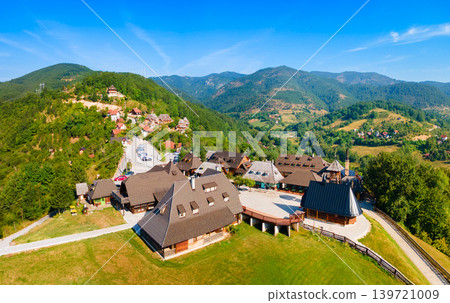 Aerial view of Kustendorf ethno village or Drvengrad in Mokra Gora 139721009
