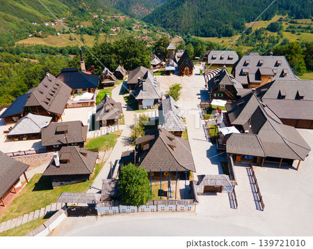 Aerial view of Kustendorf ethno village or Drvengrad in Mokra Gora Aerial view of Kustendorf ethno village or Drvengrad in Mokra Gora 139721010