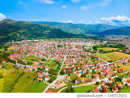 Aerial view of Bajina Basta town and green valley in Serbia 139721031