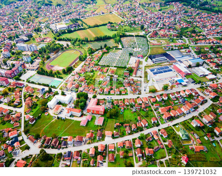 Aerial view of Bajina Basta town and green valley in Serbia Aerial view of Bajina Basta town and green valley in Serbia 139721032