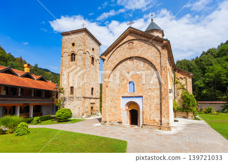Historic Raca Monastery or Manastir Raca with a blooming flower garden in Serbia 139721033
