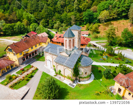 Aerial view of the Raca Monastery near Bajina Basta, Serbia 139721036