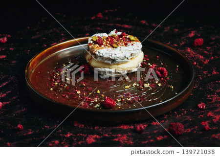 Close-up of gourmet dessert with red berry garnish and seed topping Close-up of gourmet dessert with red berry garnish and seed topping 139721038