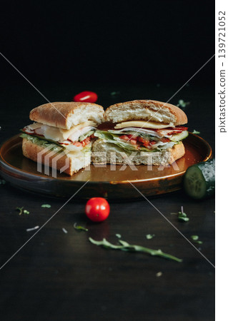 Sliced sandwich with fresh vegetables, served on a wooden platter 139721052