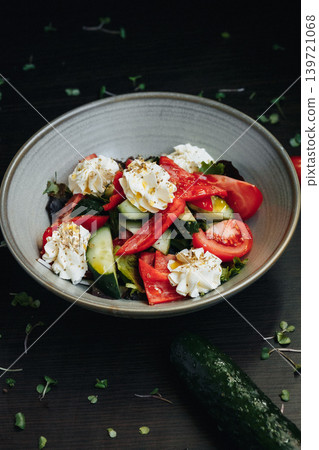Colorful, fresh salad in a rustic bowl, featuring ripe tomatoes Colorful, fresh salad in a rustic bowl, featuring ripe tomatoes 139721068