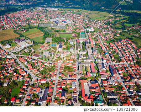 Aerial view of Bajina Basta town and green valley in Serbia Aerial view of Bajina Basta town and green valley in Serbia 139721096
