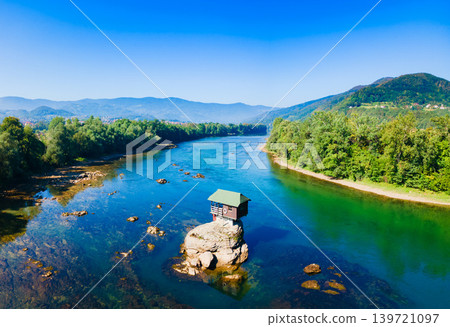 Aerial view of Drina river house in Bajina Basta, Serbia Aerial view of Drina river house in Bajina Basta, Serbia 139721097
