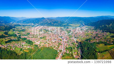 Aerial view of Bajina Basta town and green valley in Serbia Aerial view of Bajina Basta town and green valley in Serbia 139721098