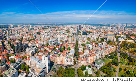 Aerial view of Slavija Square with fountain in Belgrade, Serbia 139721116