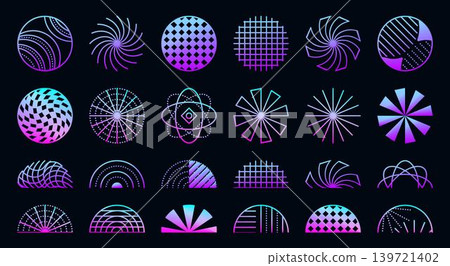 Y2K neon set of circles and semicircles. Futuristic luminescent ultra acid vector radial shapes, gradient vibrant hologram sign collection Y2K neon set of circles and semicircles. Futuristic luminescent ultra acid vector radial shapes, gradient vibrant hologram sign collection 139721402