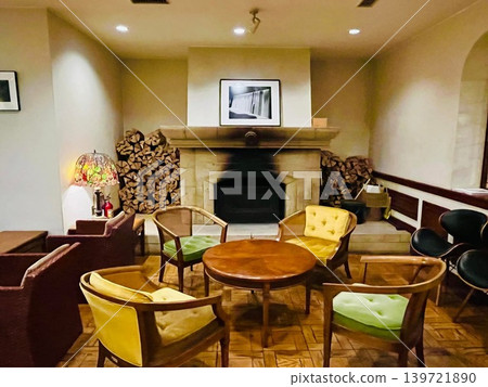 The lobby lounge with a fireplace at Hotel Otowa in the summer resort town of Karuizawa. The lobby lounge with a fireplace at Hotel Otowa in the summer resort town of Karuizawa. 139721890