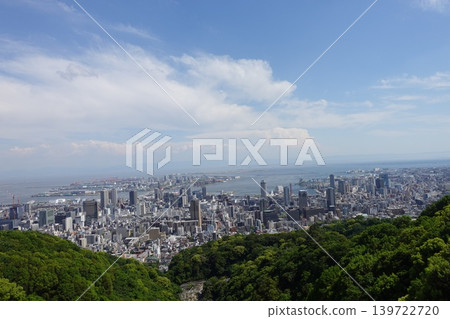 A panoramic photograph of a port town and seaside cityscape under a clear blue sky. A panoramic photograph of a port town and seaside cityscape under a clear blue sky. 139722720