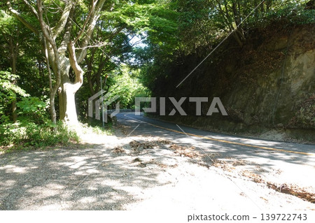 A photograph of an asphalt road on a mountain path surrounded by fresh greenery. A photograph of an asphalt road on a mountain path surrounded by fresh greenery. 139722743