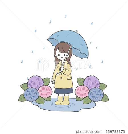 一個女孩在雨中撐著傘欣賞繡球花。 一個女孩在雨中撐著傘欣賞繡球花。 139722873