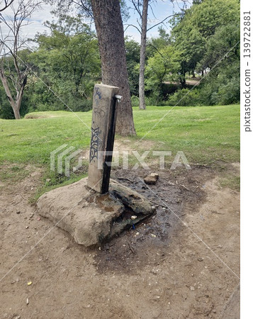 Public drinking water pump in Sarmiento Park, Cordoba, Argentina, under blue sky Public drinking water pump in Sarmiento Park, Cordoba, Argentina, under blue sky 139722881