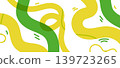 Bright green and yellow wavy lines dance across clean white space 139723265