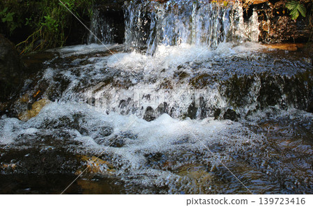 Splashes and drops of water in a small waterfall on a mountain stream in the forest 139723416