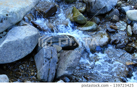 A stream of water flows in a stream, bending around boulders and stones A stream of water flows in a stream, bending around boulders and stones 139723425