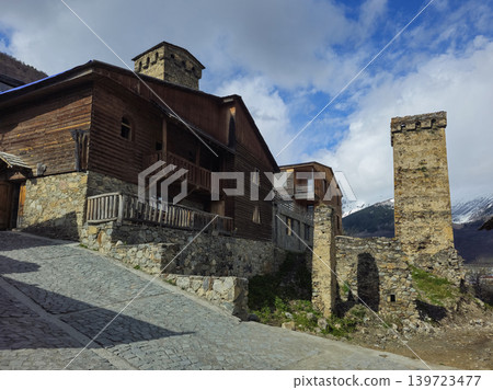 traditional Svan towers in the village of Mestia, located in the Svaneti region of Georgia traditional Svan towers in the village of Mestia, located in the Svaneti region of Georgia 139723477