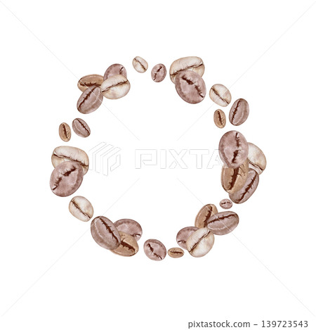 Watercolor coffee beans round wreath illustration isolated on white background. Roasted arabica beans sticker template with copy space design. Hand drawn botanical frame clipart. Watercolor coffee beans round wreath illustration isolated on white background. Roasted arabica beans sticker template with copy space design. Hand drawn botanical frame clipart. 139723543